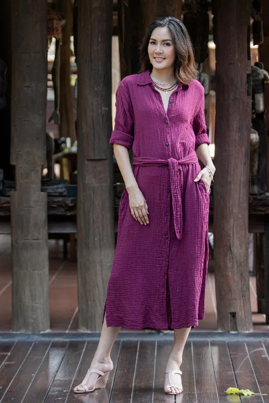Trends Street Smarts in Maroon Handmade Belted Cotton Shirtwaist Dress from Thailand