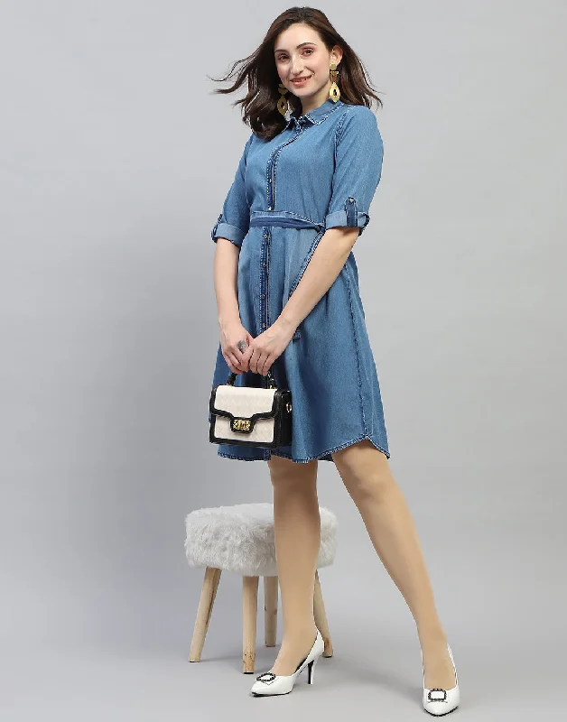 Fashion Style Women Blue Solid Collar Neck 3/4 Sleeve Dress