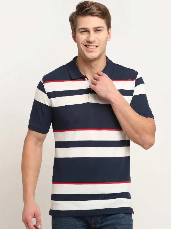 Trendy And Casual Men's Navy Blue Stripe Polo neck Half Sleeve T-Shirt