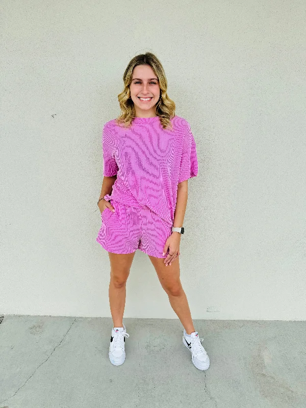 Urban Style Ribbed Tee and Shorts Set - Pretty in Pink