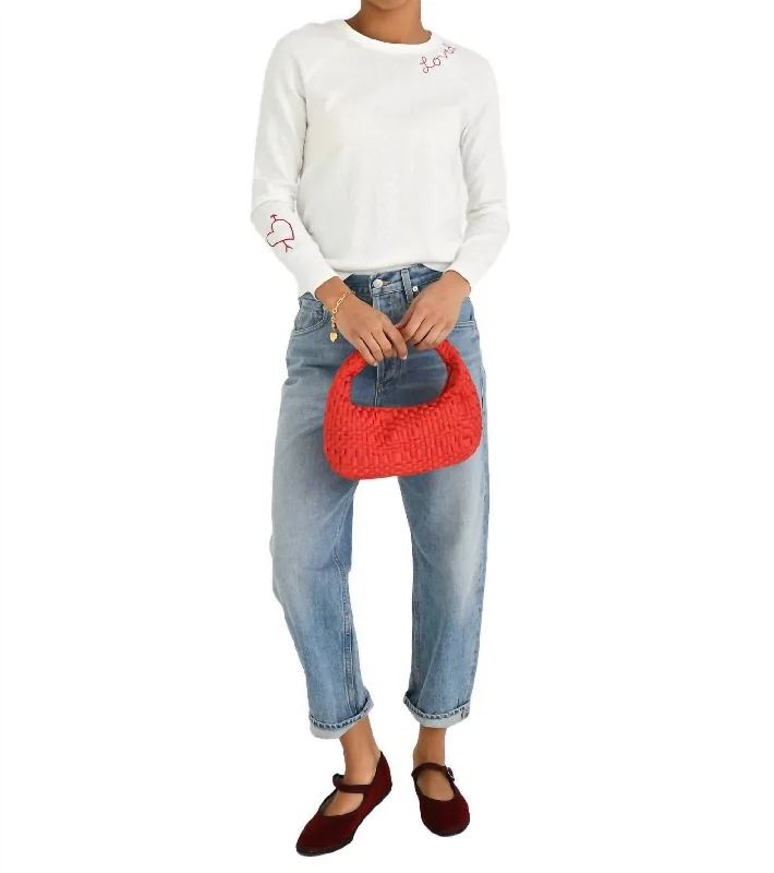 Timeless Comfort Love D Stitch Crew Sweater In White/red