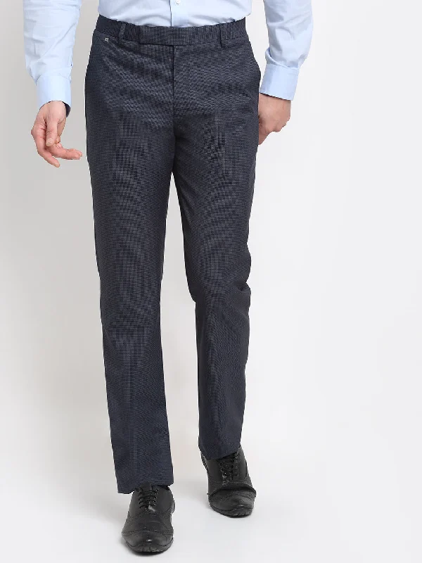 Modernism Men's Regular fit Flat front Navy Blue Houndstooth Trousers