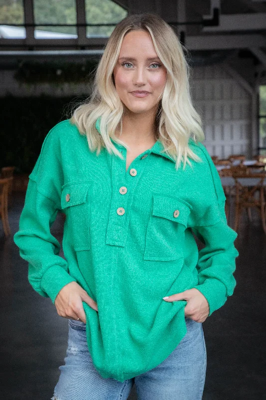 Stretch Design Kaylen Henley Knit Top, Green