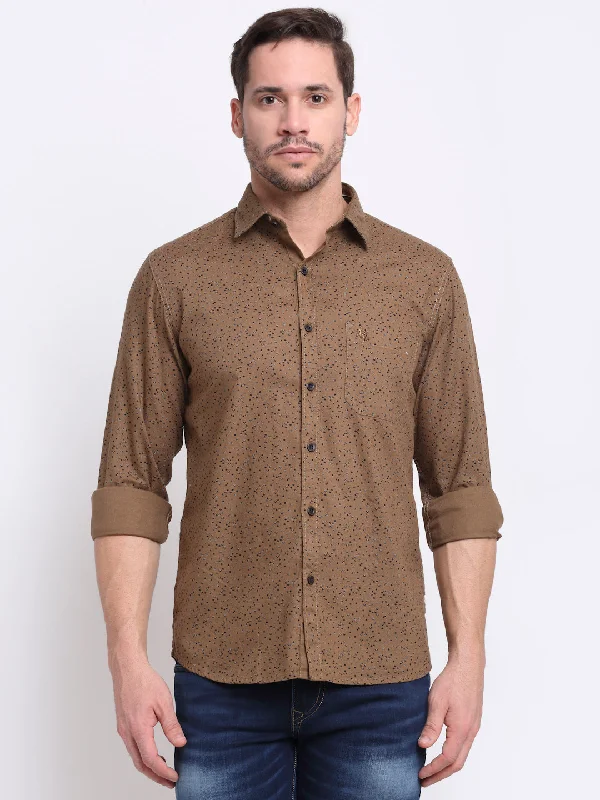 Comfortable Tops Men Cotton Printed Brown Full Sleeve Casual Shirt for Men with Pocket