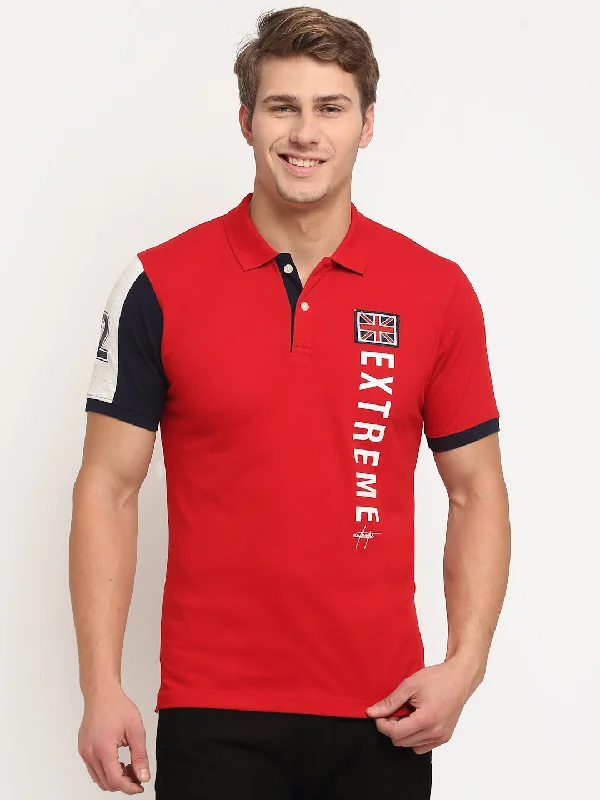 Ethnic Style Men's Red  Polo neck Half Sleeve T-Shirt with color block sleeve