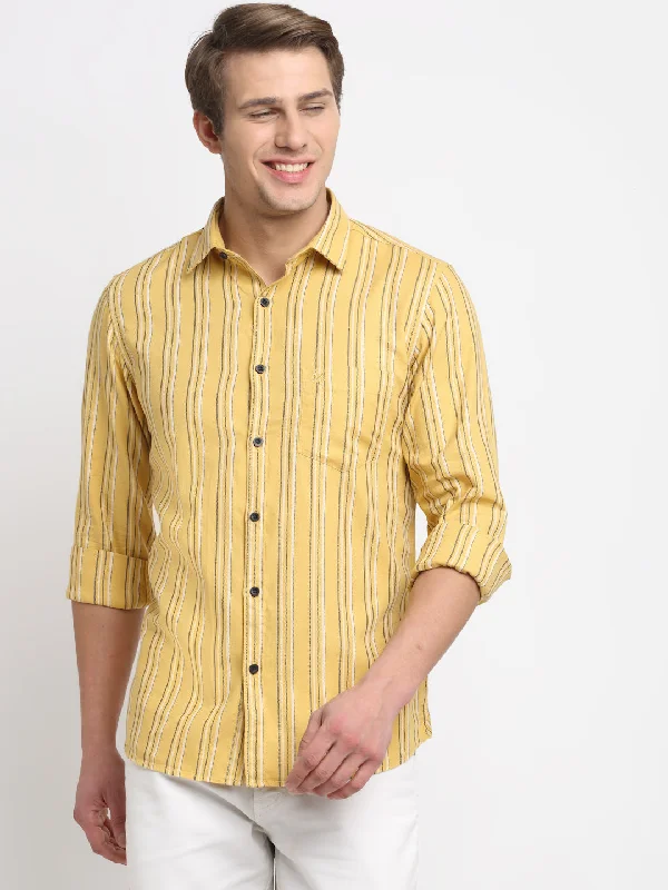 Classic Style Men Cotton Striped Mustard Full Sleeve Casual Shirt for Men with Pocket