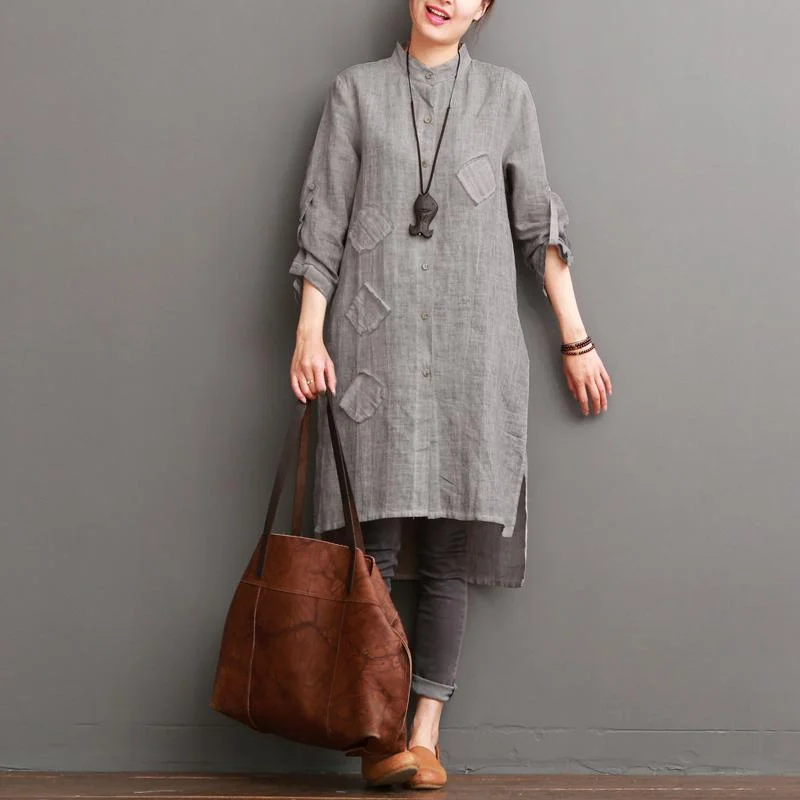 Soft Textures Gray cotton dress for summer pockets patchwork shirt sundress