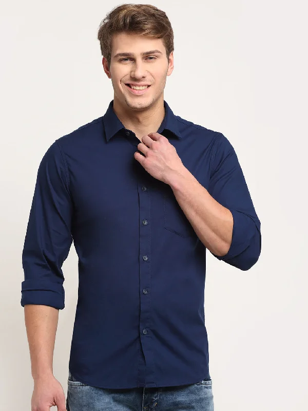 Ethnic Style Cotton Blend Solid Blue Full Sleeve Casual Shirt for Men with Pocket