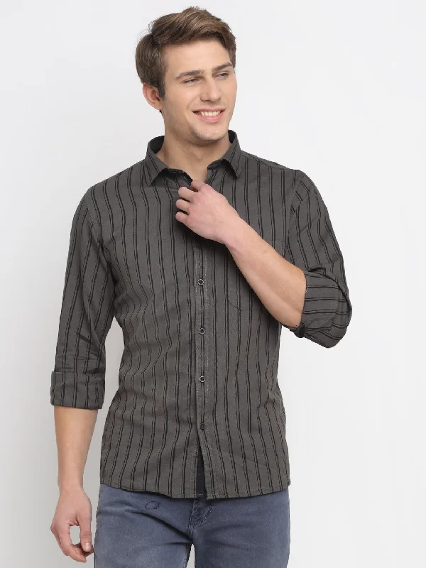 Trendy Items Men Cotton Striped Olive Full Sleeve Casual Shirt for Men with Pocket