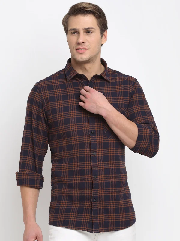 Unique Design Men Cotton Checkered Rust Full Sleeve Casual Shirt for Men with Pocket