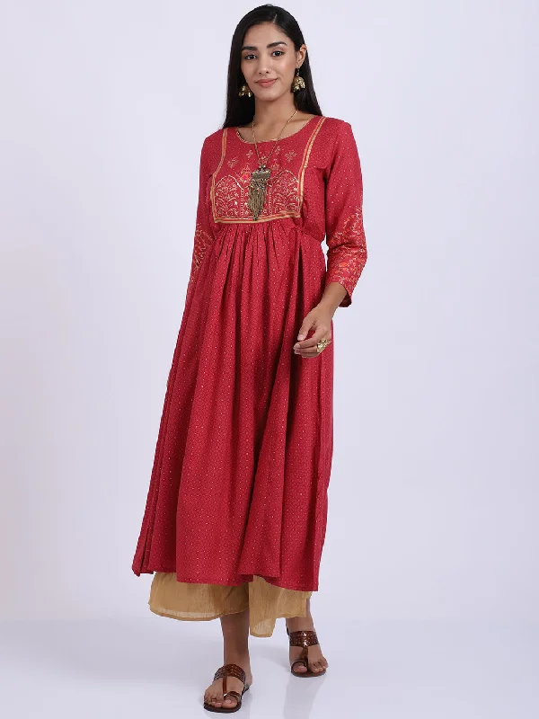 Women's Casual Round Neck Pink Printed Calf Length Kurti