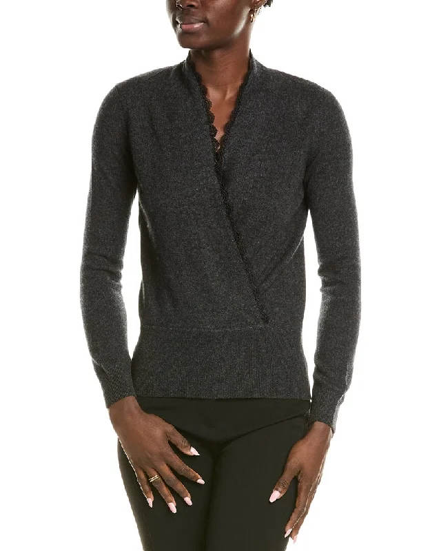 Versatile Style sofiacashmere Lace Trim Surplice Cashmere Sweater