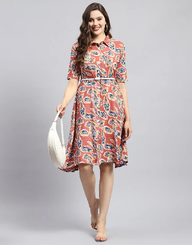 Breezy Outfits Women Peach Printed Collar Half Sleeve Dress