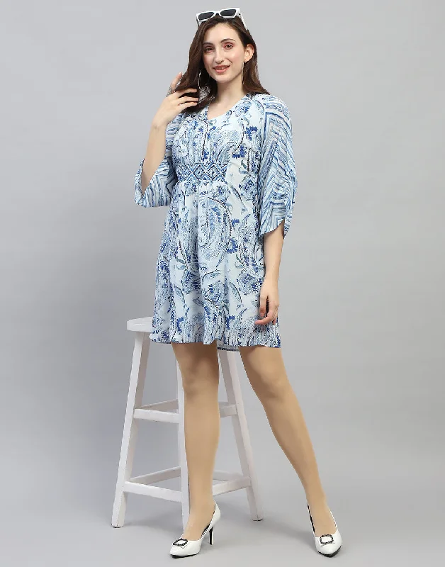 Soft Wear Women Sky Blue Printed V Neck 3/4 Sleeve Dress