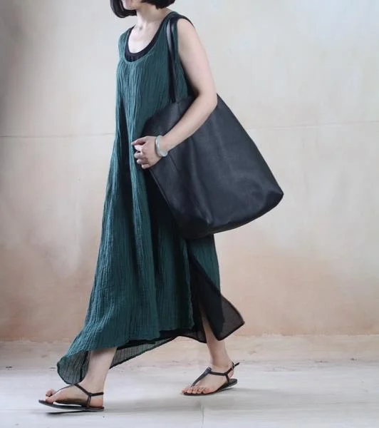 Fashion Must-have blackish green simple linen maxi sundress long causal gown caftan sleevelss