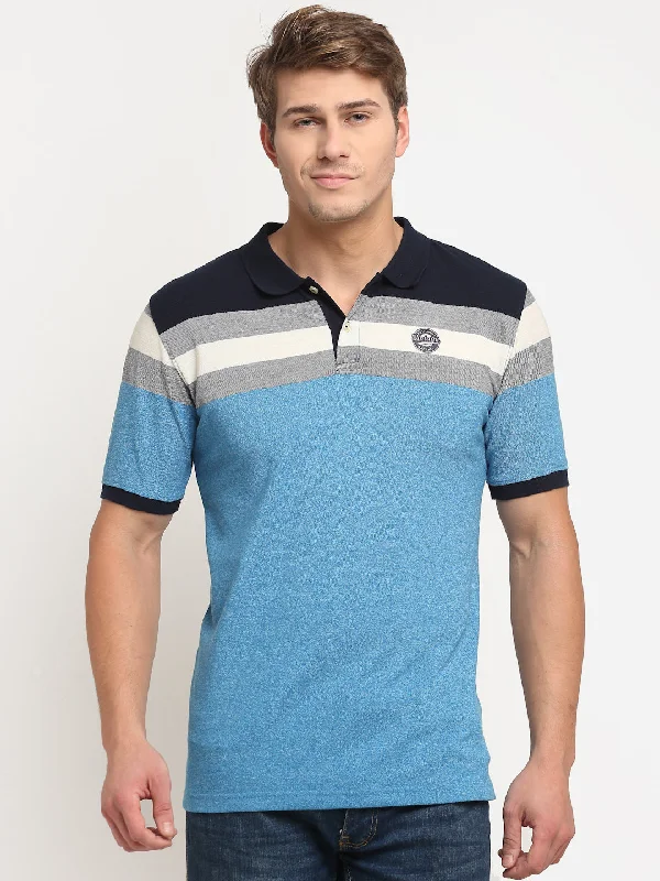 Fashionable And Versatile Men's Blue   Stripe Polo neck Half Sleeve T-Shirt