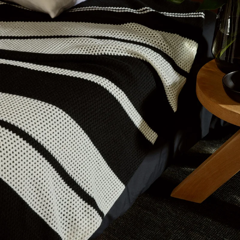 Open Knit Striped Blanket - Black/Ivory