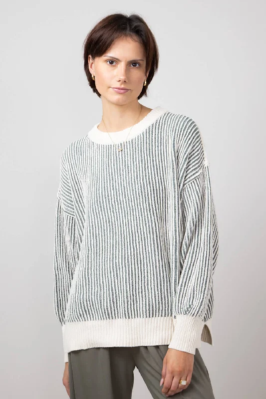 Comfortable Fashion Vertical Stripe Sweater for Women in White Olive | SWT70146-WHITEOLIVE