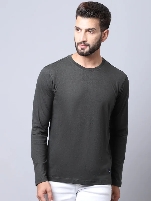 Men Round Neck Full Sleeves Winter Wear Olive T-Shirt