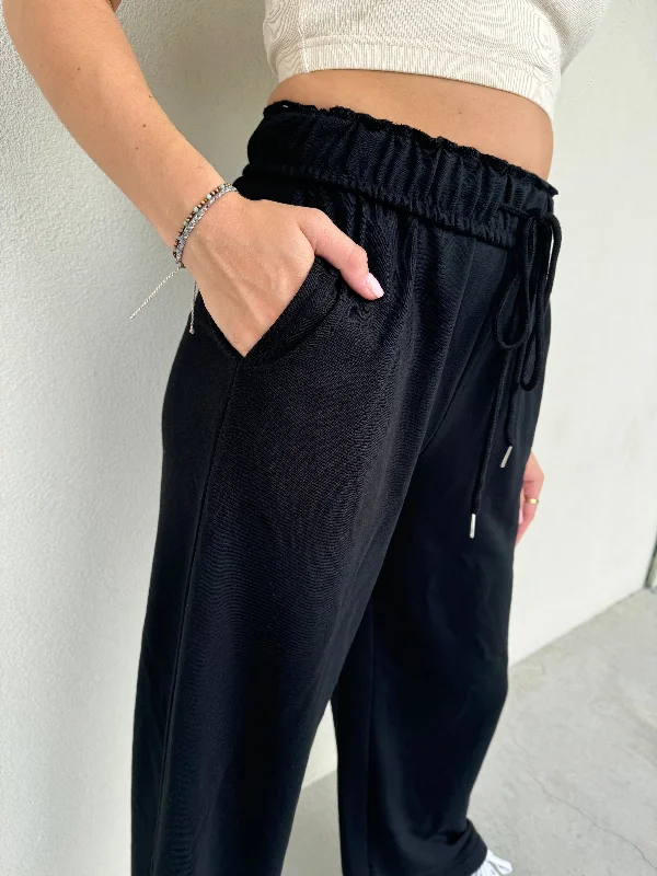 Girl Style Elastic High Waist Drawstring Sweatpants - Black