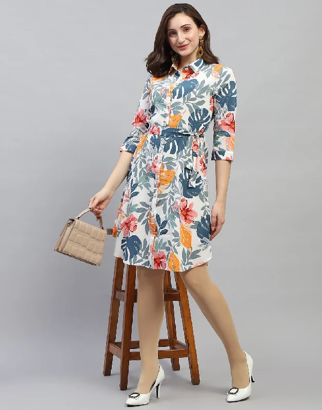 Must-have For Autumn And Winter Women Off White Floral Print Collar Neck 3/4 Sleeve Dress