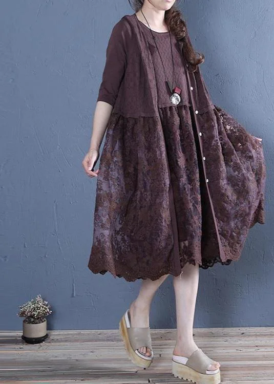Leisure Travel Natural Patchwork Linen Cotton Outwear Chocolate Summer