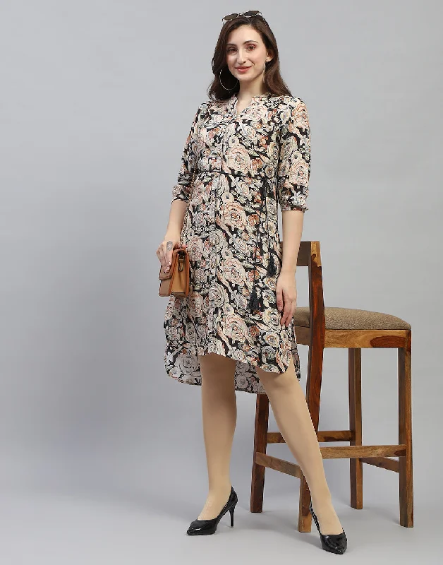 Fashion Expert Women Black Floral Print V Neck 3/4 Sleeve Dress
