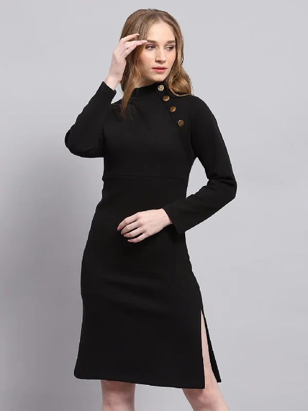 Spring Fashion Women Black Solid Mock Neck Full Sleeve Dress