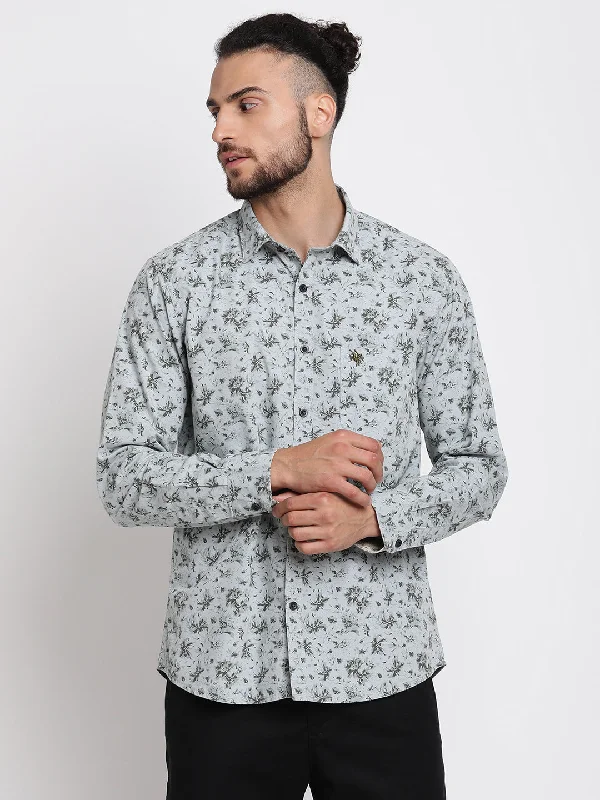 Comfortable Design Men's Light Grey Casual Floral Print Full Sleeve Shirt