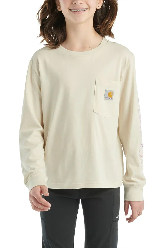 Economic Outlook Carhartt Kids Graphic Pocket Long Sleeve T-Shirt for Girls in Malt | CA7071-T72-XC2-MALT Economic Outlook Carhartt Kids Graphic Pocket Long Sleeve T-Shirt for Girls in Malt | CA7071-T72-XC2-MALT