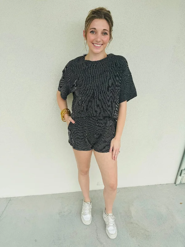 Classic Style Ribbed Tee and Shorts Set - Carbon Gray