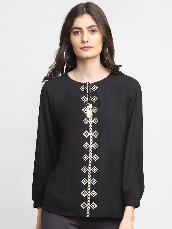 Design Trend Women's Casual  Black Solid Round neck with Tie up Tunic
