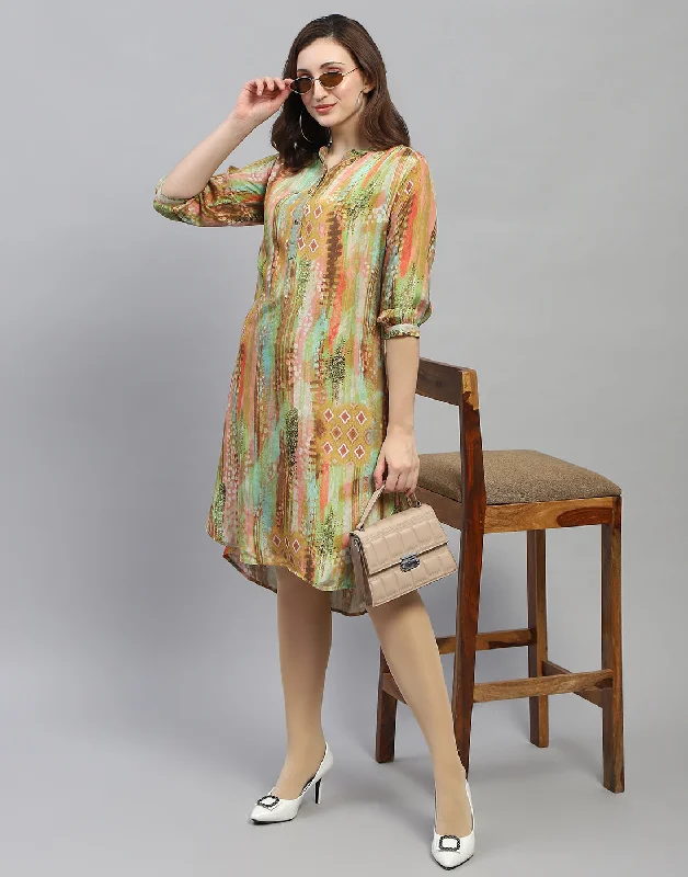Stylish Comfort Women Multicolor Printed Band Collar 3/4 Sleeve Dress