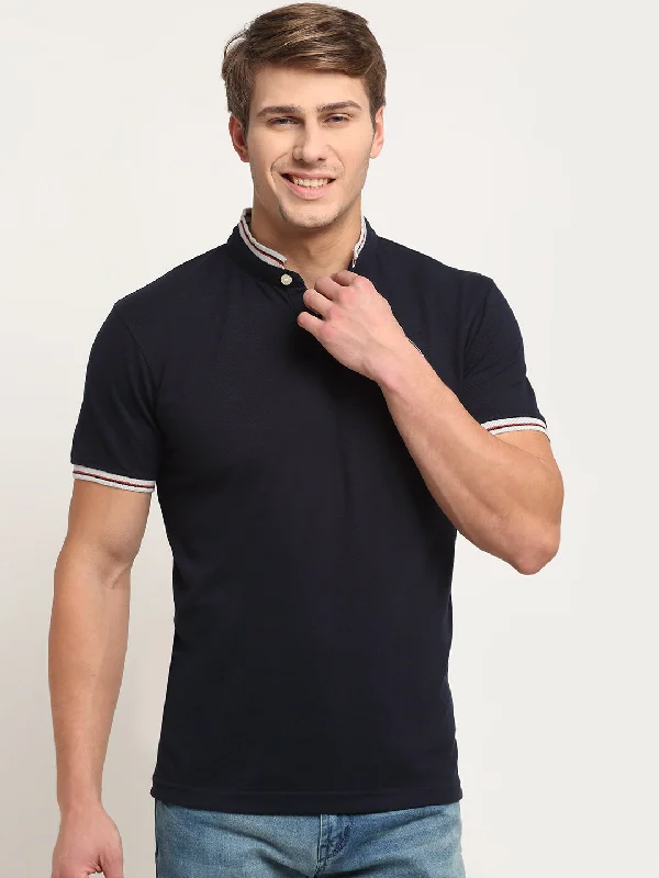 Exquisite Fabrics Men's Navy Blue Mandarin neck Half Sleeve T-Shirt