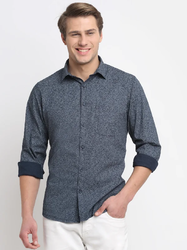 Noble Temperament Men's Navy Blue Casual Floral Print Full Sleeve Shirt