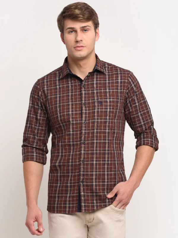 Cozy Outerwear Cotton Checkered Brown Full Sleeve Casual Shirt for Men with Pocket
