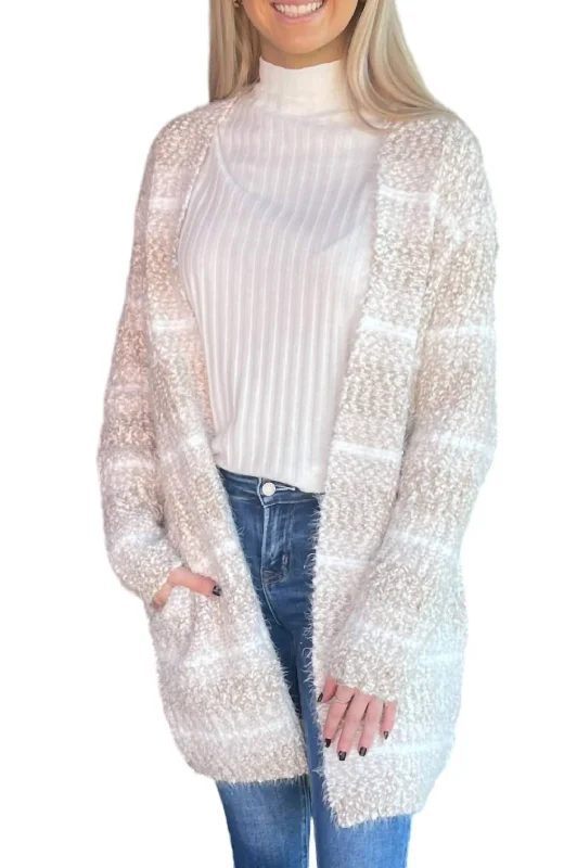 Comfortable Fashion Long Striped Eyelash Knit Cardigan In Beige