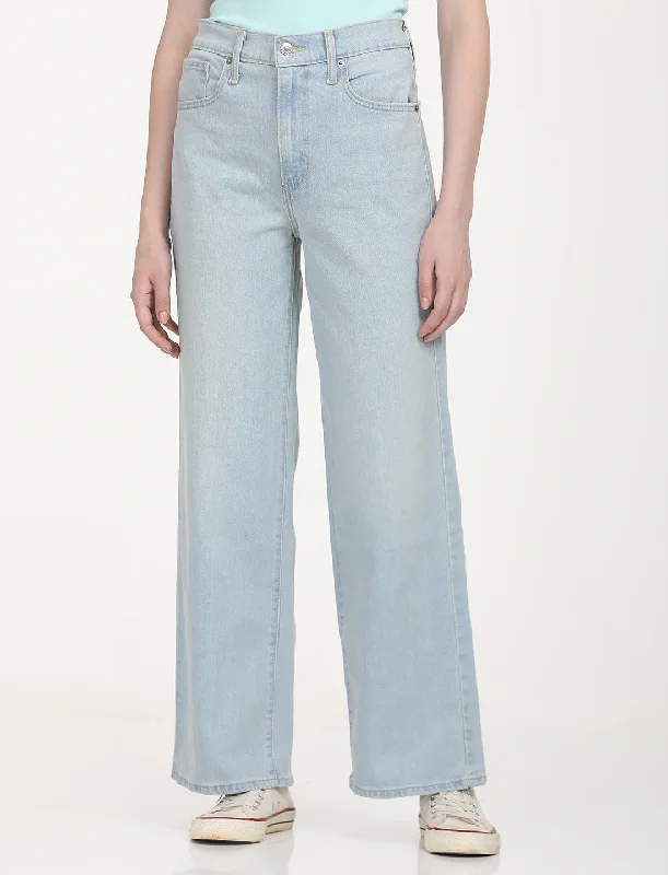 High Street Style Women's High Rise Wide Leg Light Blue Jeans