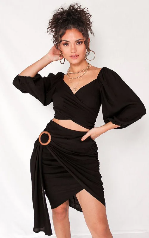 European And American Style Havana Wrap Crop Top - Black