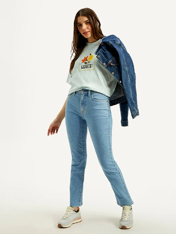 Double-sided Wear Women's High Rise Straight Fit Light-blue Jeans