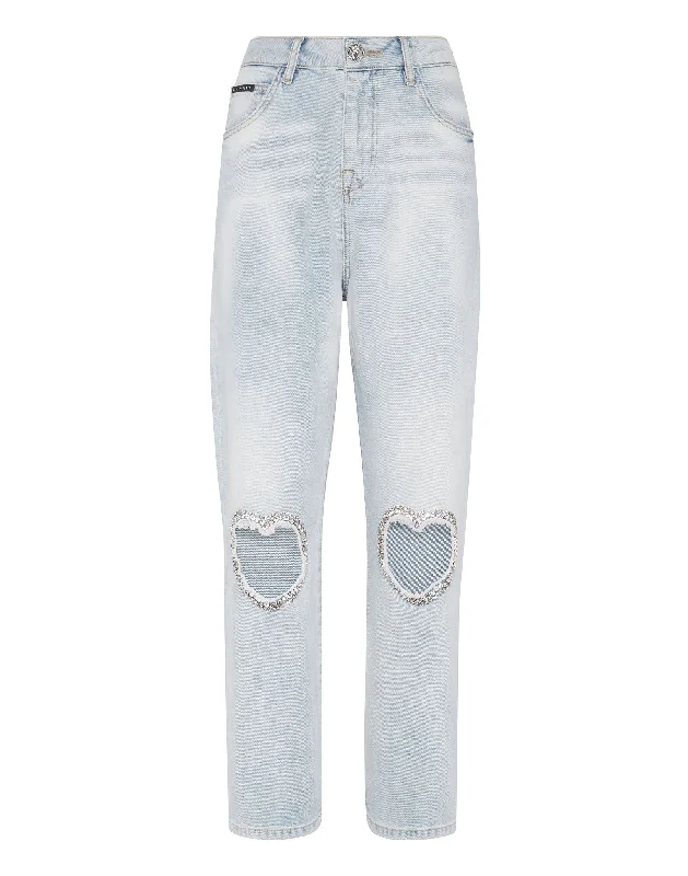 Girl Style Denim Trousers Loose Fit Heart Patch