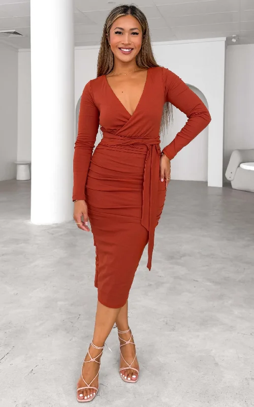 End Of The Year Aston Long Sleeve Midi Dress - Rust