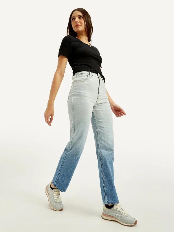 College Style Women's High Rise Straight Fit Blue Jeans