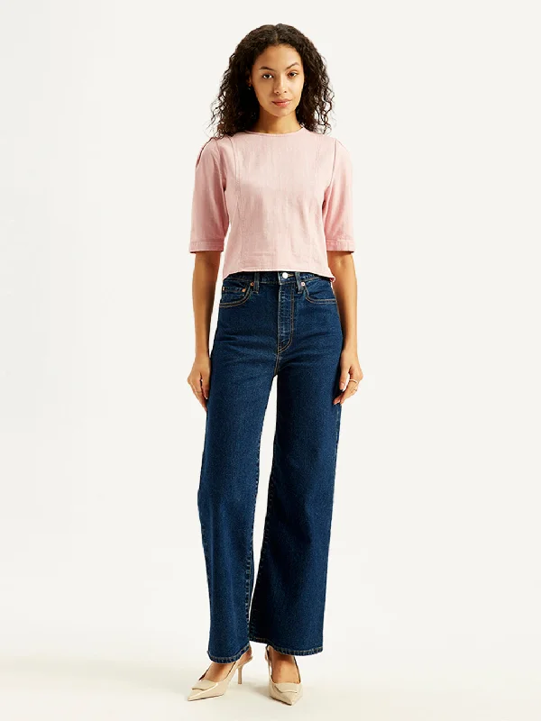 Short Design Women's High Rise Ribcage Wide Leg Navy Jeans