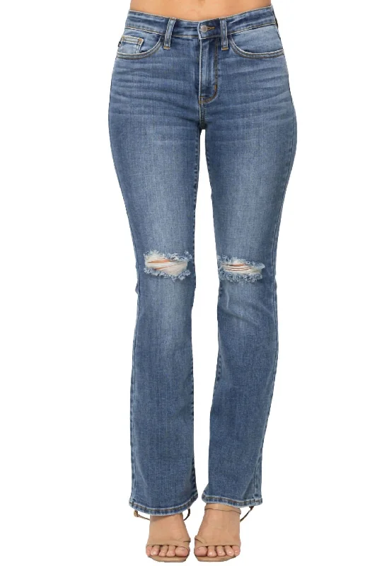 Must-have For Autumn And Winter Destroyed Knee Mid-Rise Boot Cut Jean In Medium Wash