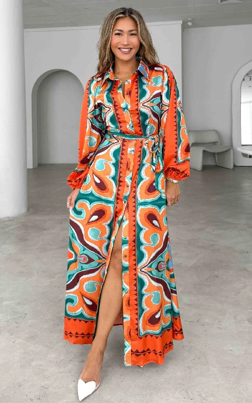 Advanced Customization Augustine Long Sleeve Maxi Dress -  Orange Green Multi Print
