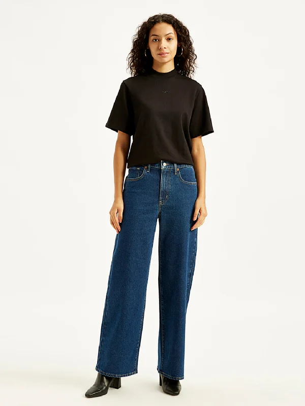 Retro Fashion Women's High Rise Wide Leg Fit Navy Jeans