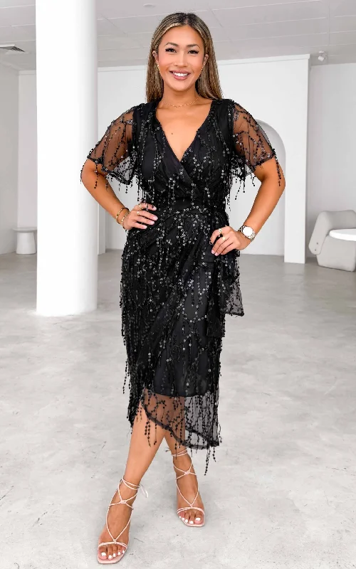 Youthful Vitality Fireworks Sequin Midi Dress - Black