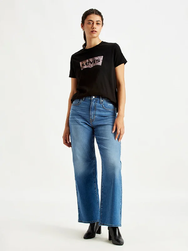 French Style Women's High Rise Wide Leg Blue Jeans