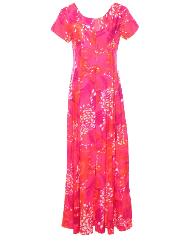 1970s Floral Print Pink & Orange Dress - M